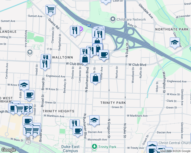 map of restaurants, bars, coffee shops, grocery stores, and more near 1110 Englewood Avenue in Durham