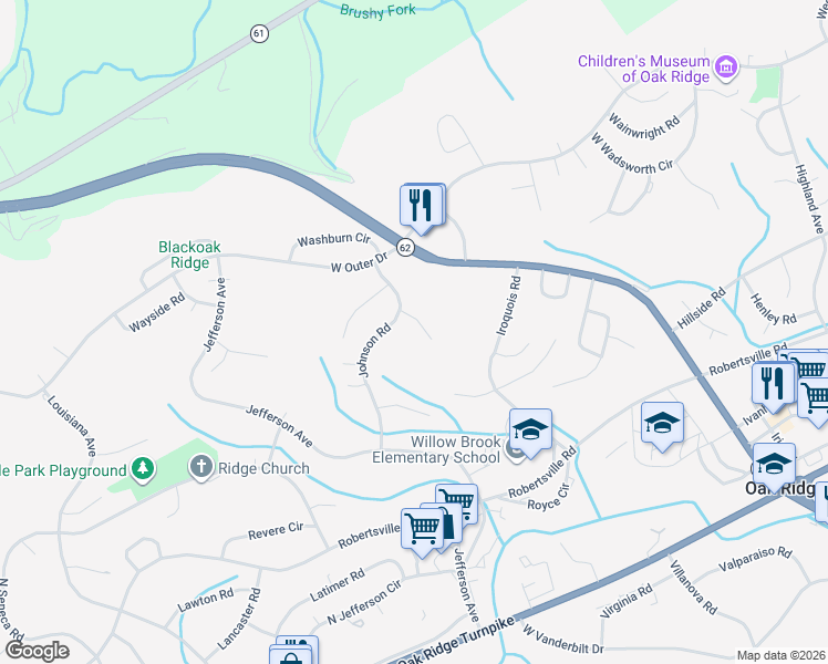 map of restaurants, bars, coffee shops, grocery stores, and more near 116 Jellico Lane in Oak Ridge