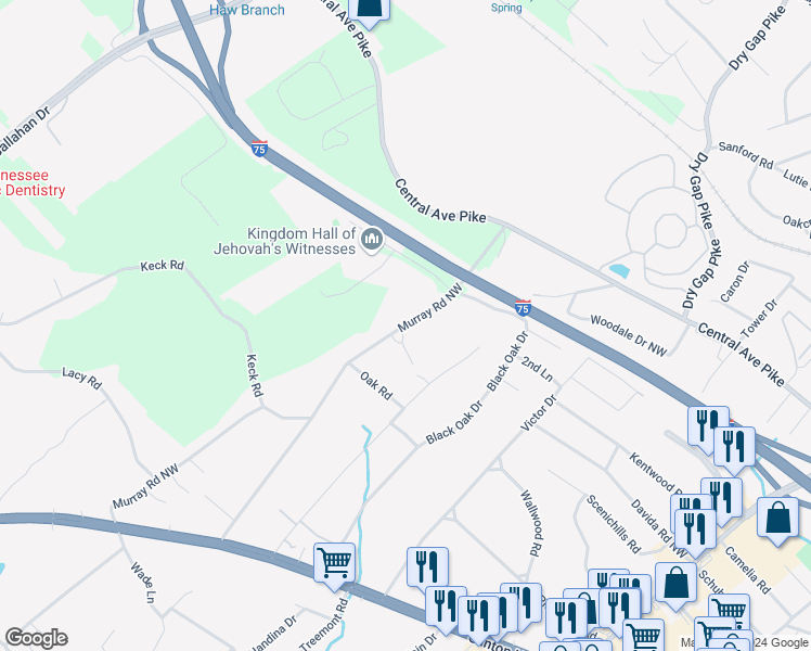 map of restaurants, bars, coffee shops, grocery stores, and more near 346 Murray Road Northwest in Knoxville