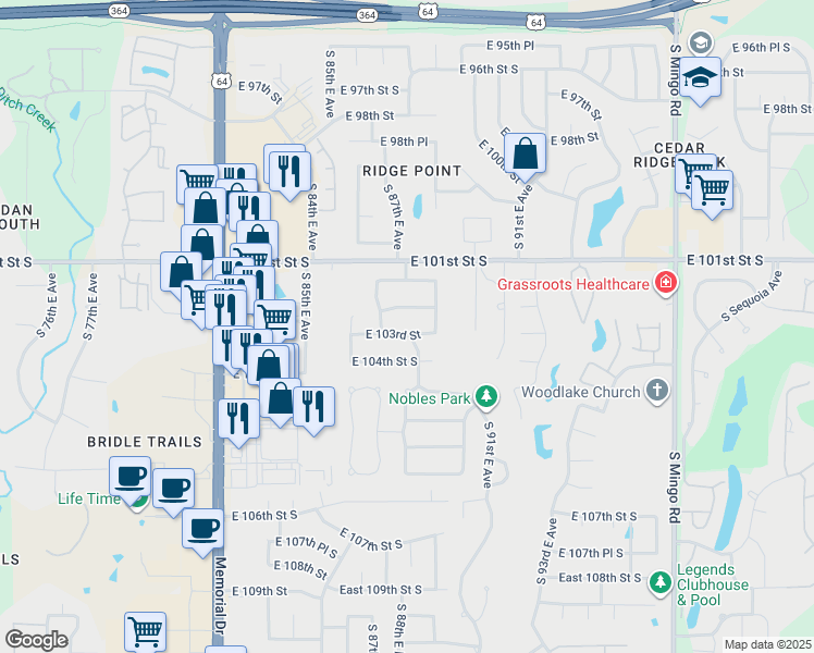 map of restaurants, bars, coffee shops, grocery stores, and more near 8667 East 103rd Street in Tulsa