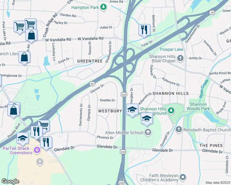 map of restaurants, bars, coffee shops, grocery stores, and more near 4108 Tulsa Drive in Greensboro