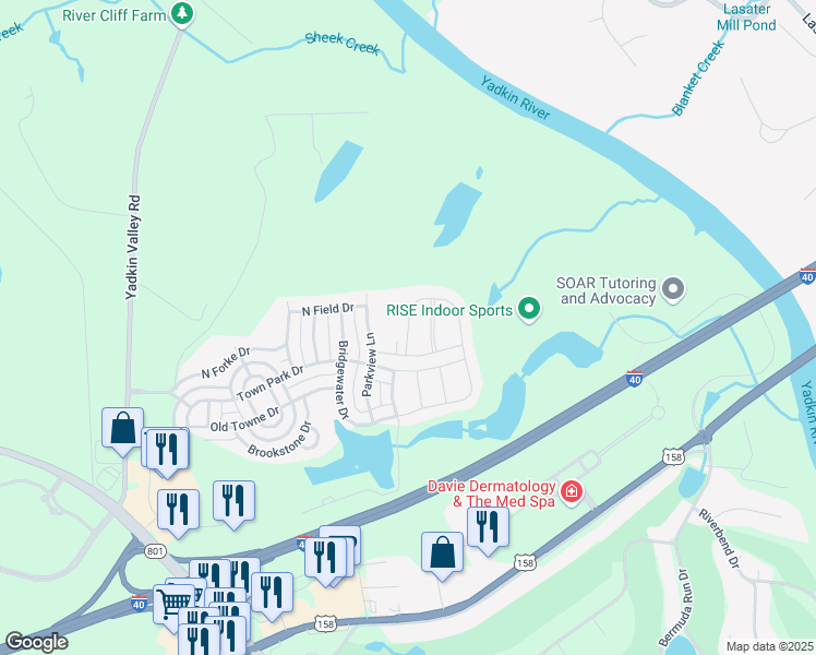 map of restaurants, bars, coffee shops, grocery stores, and more near Kilbourne Drive in Bermuda Run