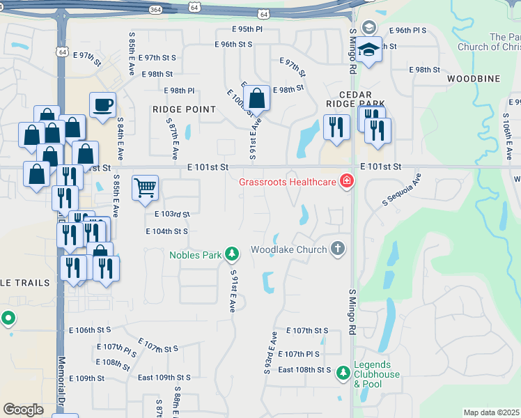 map of restaurants, bars, coffee shops, grocery stores, and more near 9151 East 102nd Place in Tulsa