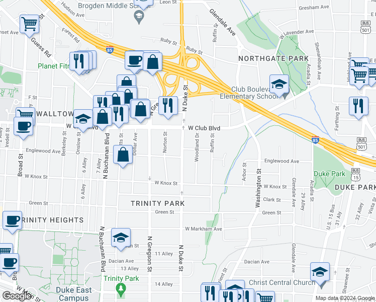 map of restaurants, bars, coffee shops, grocery stores, and more near 809 Englewood Avenue in Durham