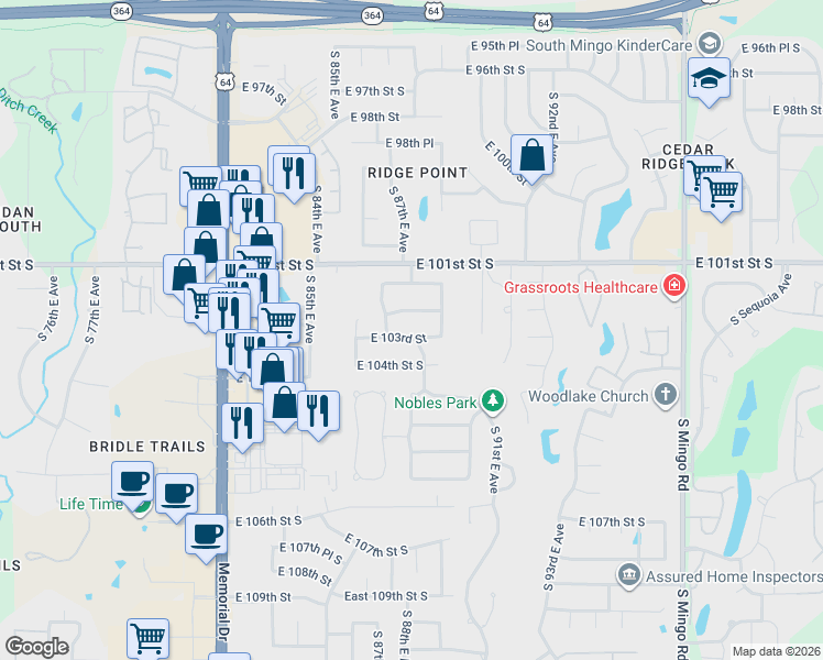 map of restaurants, bars, coffee shops, grocery stores, and more near 8756 East 103rd Street South in Tulsa