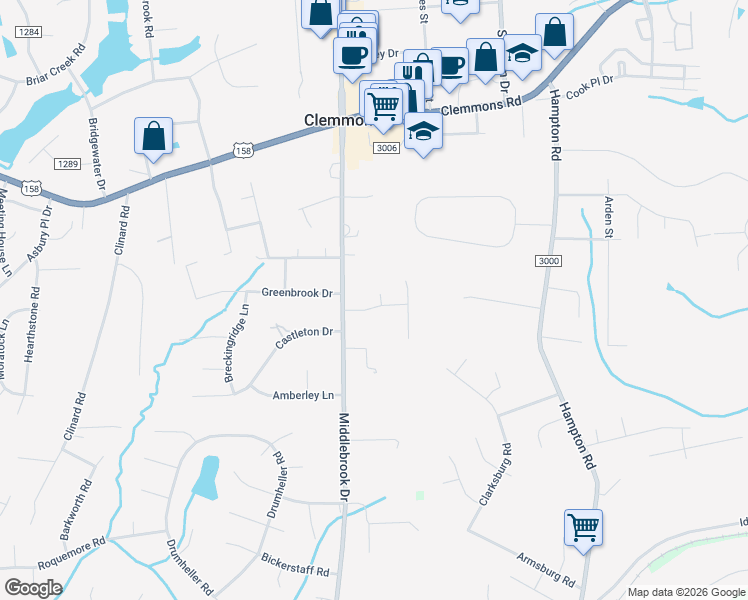 map of restaurants, bars, coffee shops, grocery stores, and more near 6655 Corinthians Drive in Clemmons
