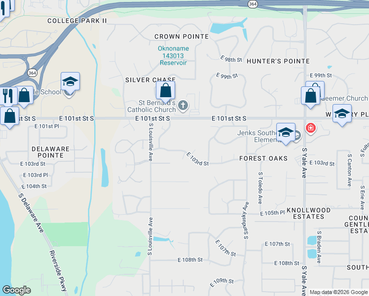map of restaurants, bars, coffee shops, grocery stores, and more near 3849 East 103rd Street in Tulsa