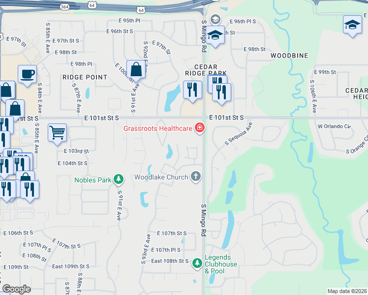 map of restaurants, bars, coffee shops, grocery stores, and more near 10264 South 95th East Avenue in Tulsa
