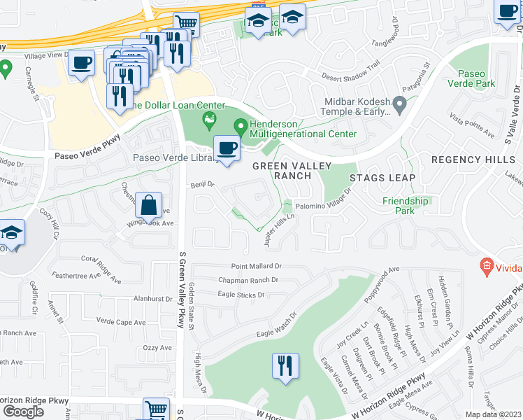 map of restaurants, bars, coffee shops, grocery stores, and more near 2105 Mooreview Street in Henderson