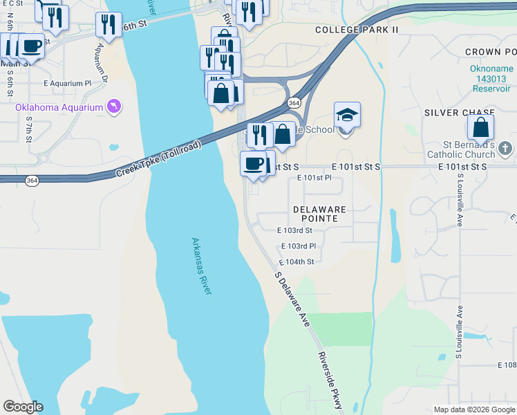 map of restaurants, bars, coffee shops, grocery stores, and more near 2805 East 102nd Place in Tulsa