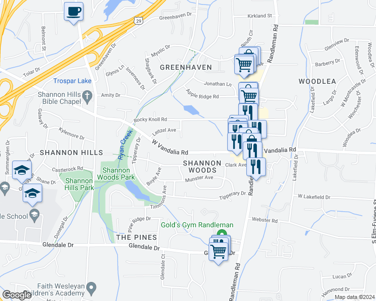 map of restaurants, bars, coffee shops, grocery stores, and more near 516 West Vandalia Road in Greensboro