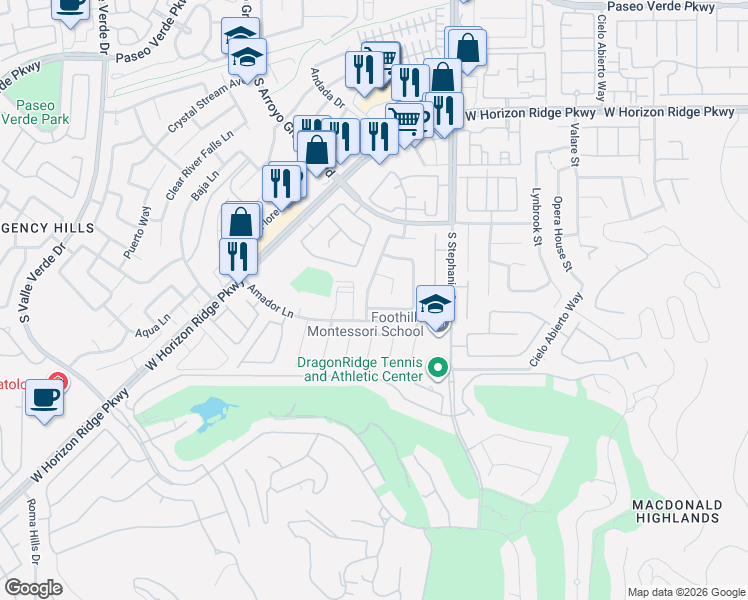 map of restaurants, bars, coffee shops, grocery stores, and more near 1412 Foothills Mills Street in Henderson