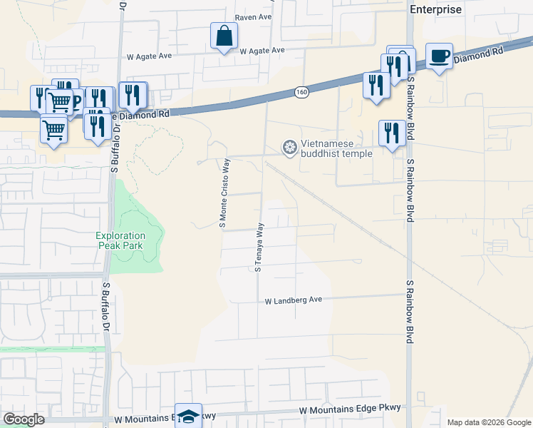 map of restaurants, bars, coffee shops, grocery stores, and more near 9588 South Tenaya Way in Las Vegas