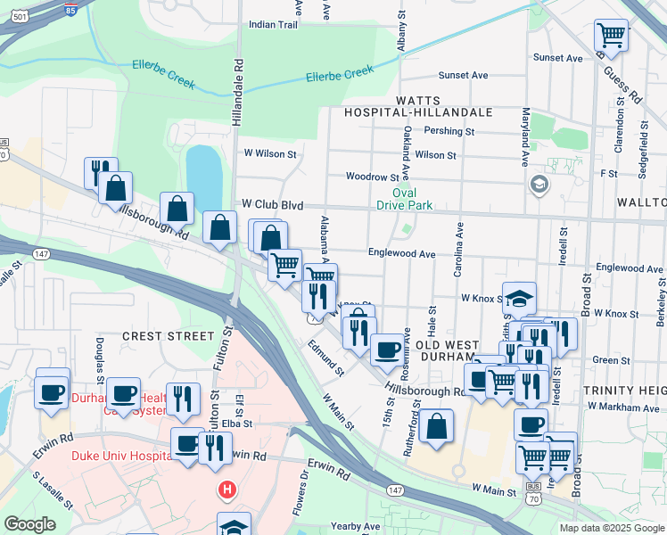 map of restaurants, bars, coffee shops, grocery stores, and more near 1016 Alabama Avenue in Durham