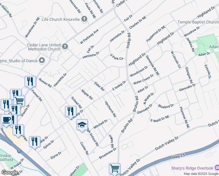 map of restaurants, bars, coffee shops, grocery stores, and more near 4764 Royal Prince Way in Knoxville