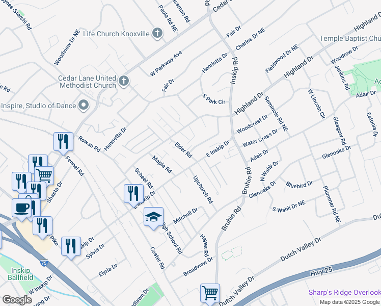 map of restaurants, bars, coffee shops, grocery stores, and more near 4807 Elder Road in Knoxville
