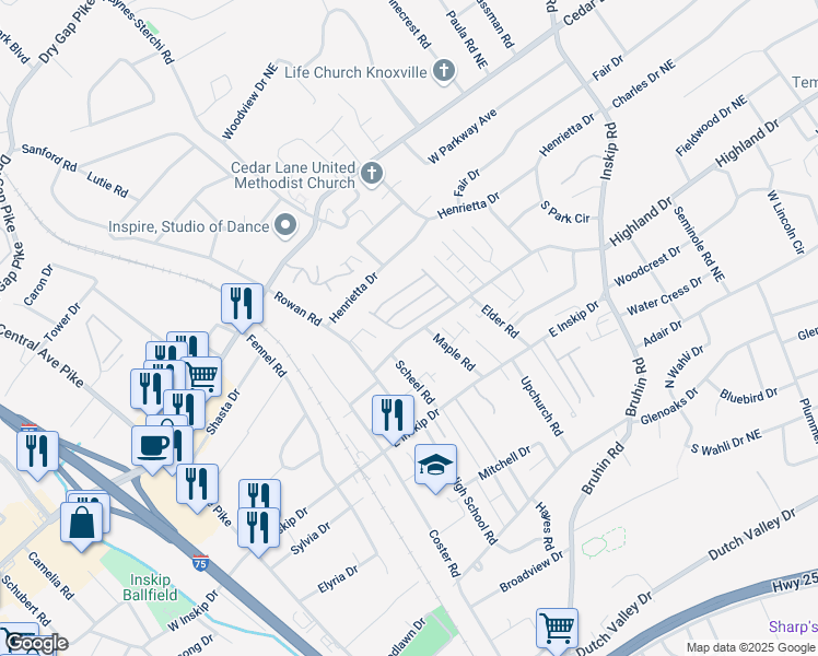 map of restaurants, bars, coffee shops, grocery stores, and more near 711 High Point Way, in Knoxville