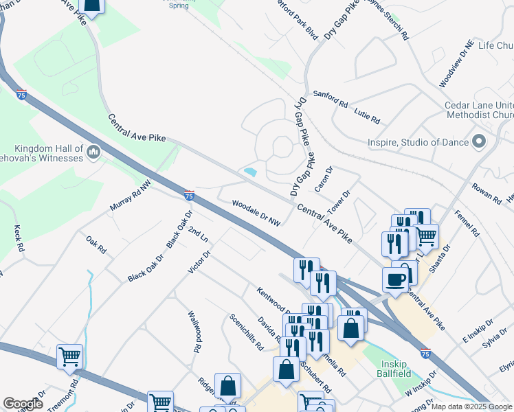 map of restaurants, bars, coffee shops, grocery stores, and more near 5730 Woodale Drive Northwest in Knoxville