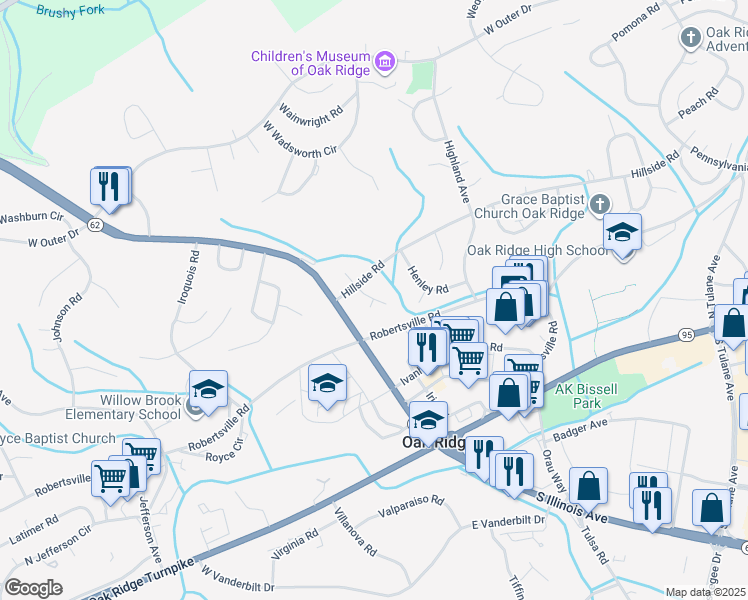 map of restaurants, bars, coffee shops, grocery stores, and more near 104 Hickory Place in Oak Ridge