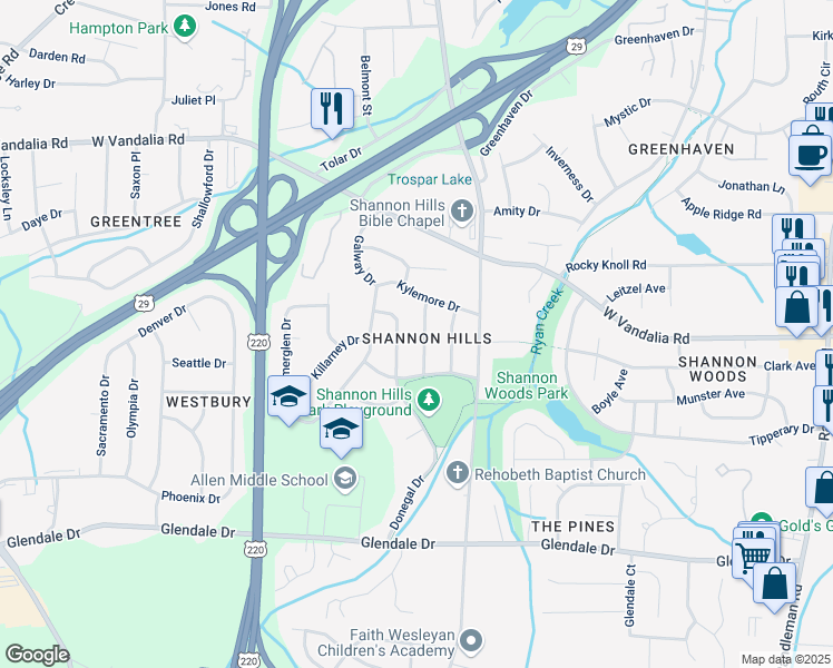 map of restaurants, bars, coffee shops, grocery stores, and more near 4015 Donegal Drive in Greensboro