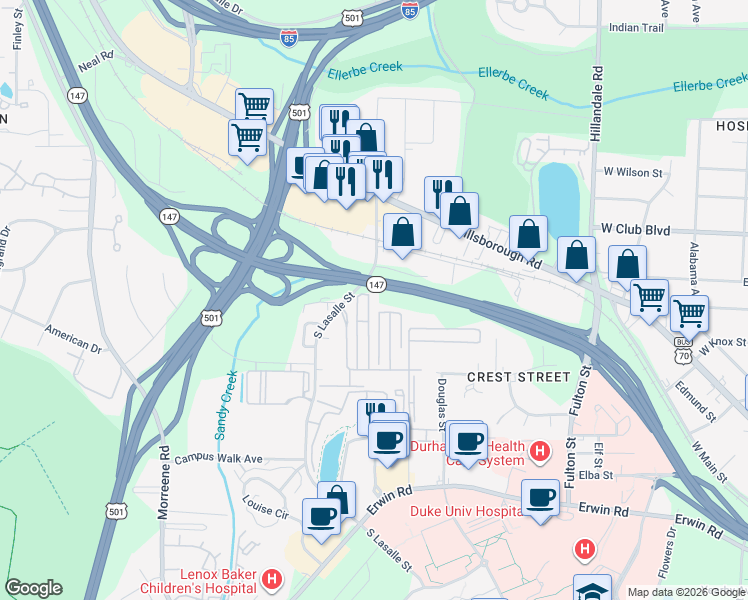 map of restaurants, bars, coffee shops, grocery stores, and more near 311 South Lasalle Street in Durham