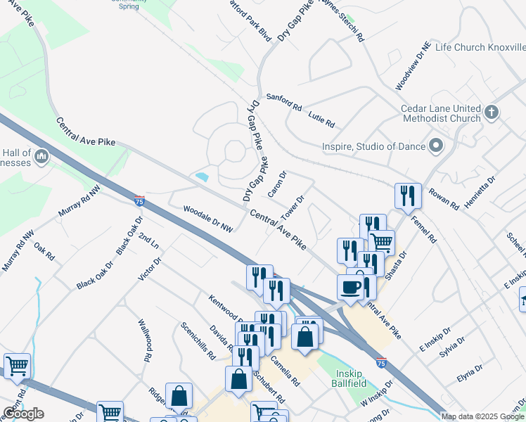 map of restaurants, bars, coffee shops, grocery stores, and more near 5612 Central Avenue Pike in Knoxville