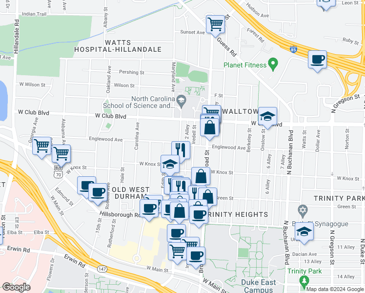 map of restaurants, bars, coffee shops, grocery stores, and more near 1022 9th Street in Durham