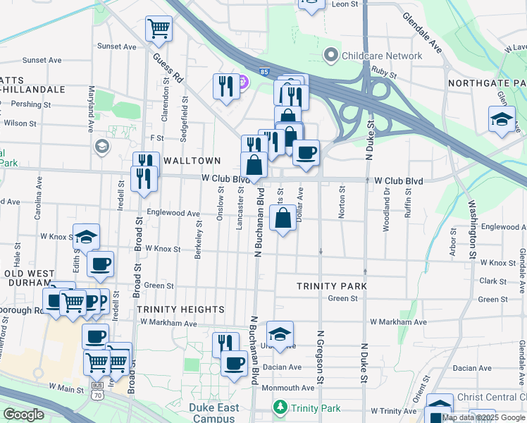 map of restaurants, bars, coffee shops, grocery stores, and more near 1023 North Buchanan Boulevard in Durham