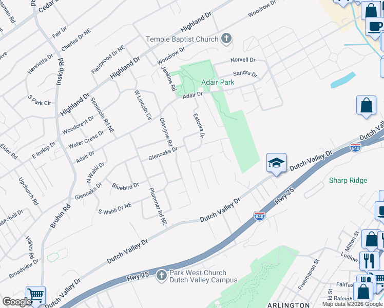 map of restaurants, bars, coffee shops, grocery stores, and more near 4402 Estonia Drive in Knoxville