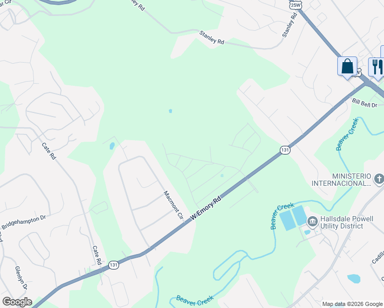 map of restaurants, bars, coffee shops, grocery stores, and more near 4714 West Emory Road in Powell