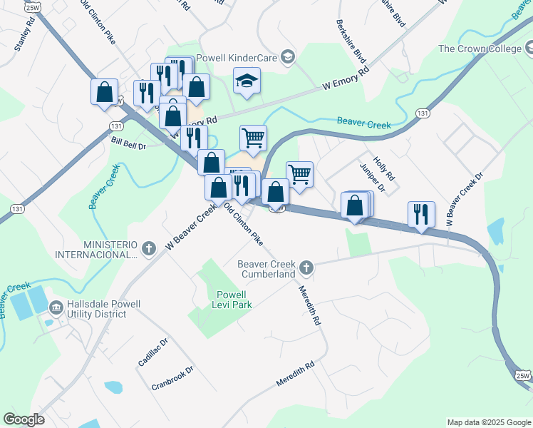 map of restaurants, bars, coffee shops, grocery stores, and more near 7311 Clinton Highway in Powell