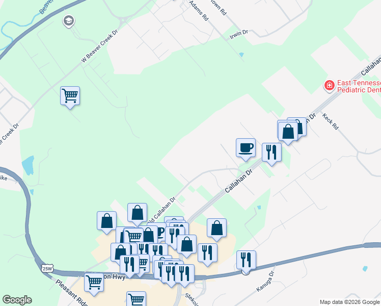 map of restaurants, bars, coffee shops, grocery stores, and more near 1911 Old Callahan Drive in Knoxville