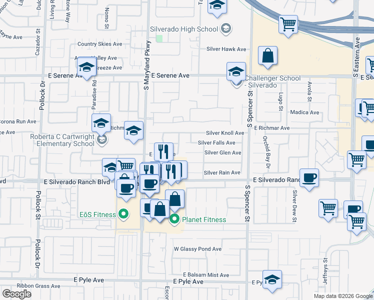 map of restaurants, bars, coffee shops, grocery stores, and more near 1440 Silver Glen Avenue in Las Vegas