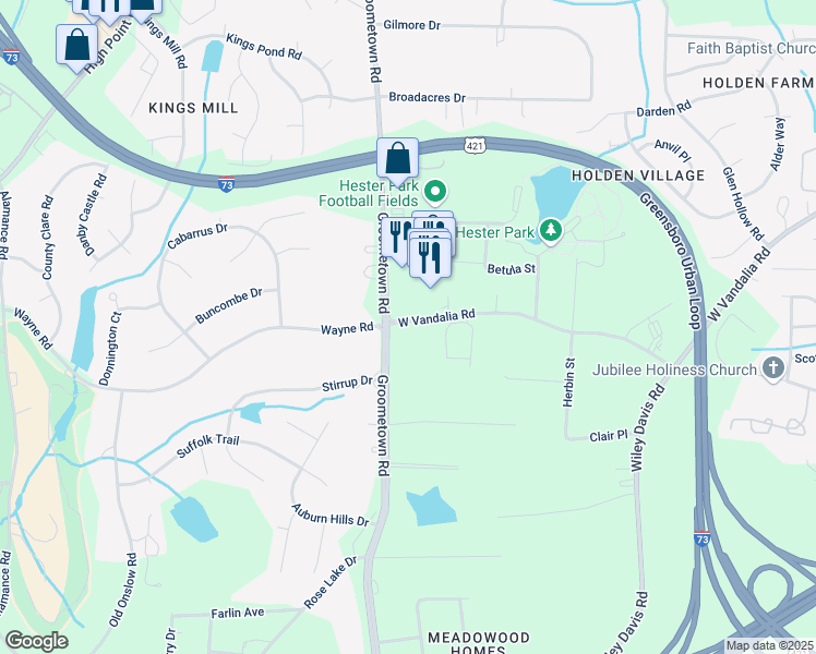 map of restaurants, bars, coffee shops, grocery stores, and more near 2985 West Vandalia Road in Greensboro