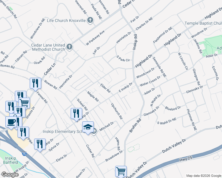 map of restaurants, bars, coffee shops, grocery stores, and more near 806 Blue Spruce Way in Knoxville