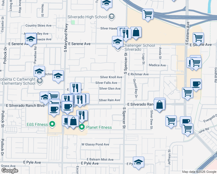 map of restaurants, bars, coffee shops, grocery stores, and more near 1675 Silver Glen Avenue in Las Vegas