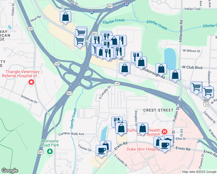 map of restaurants, bars, coffee shops, grocery stores, and more near 311 South Lasalle Street in Durham