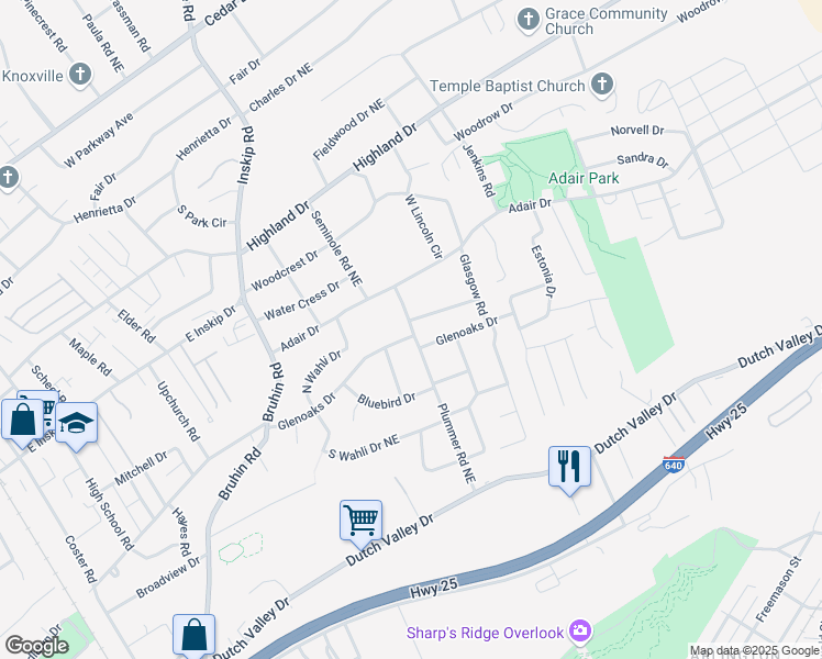 map of restaurants, bars, coffee shops, grocery stores, and more near 1308 Glenoaks Drive in Knoxville