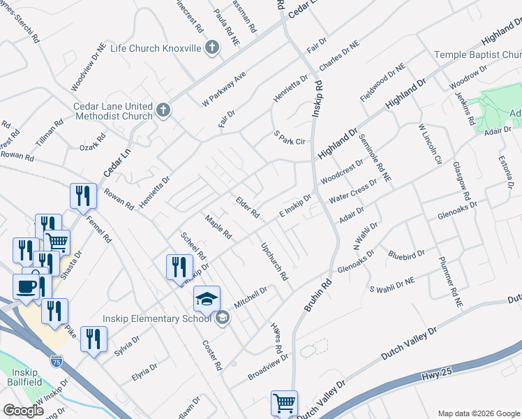 map of restaurants, bars, coffee shops, grocery stores, and more near 4807 Elder Road in Knoxville