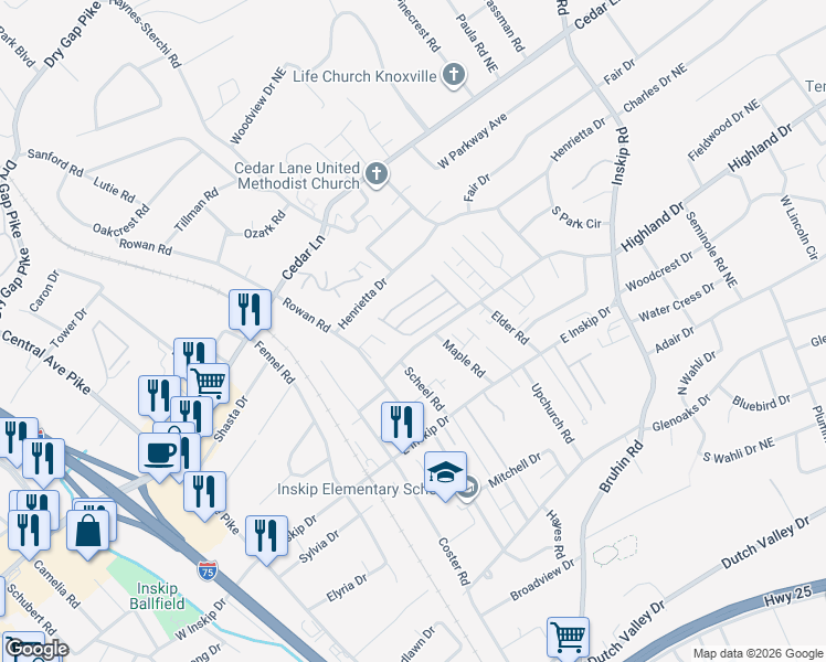map of restaurants, bars, coffee shops, grocery stores, and more near 711 High Point Way, in Knoxville