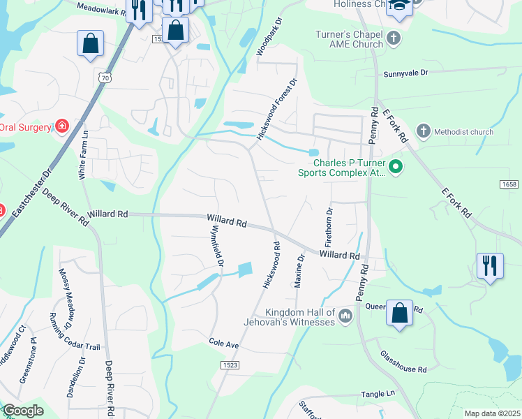 map of restaurants, bars, coffee shops, grocery stores, and more near 2525 Willard Road in High Point