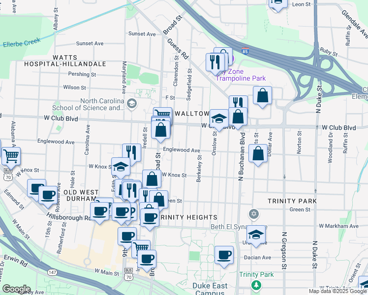 map of restaurants, bars, coffee shops, grocery stores, and more near 1101 Sedgefield Street in Durham