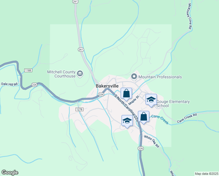 map of restaurants, bars, coffee shops, grocery stores, and more near 11 North Mitchell Avenue in Bakersville