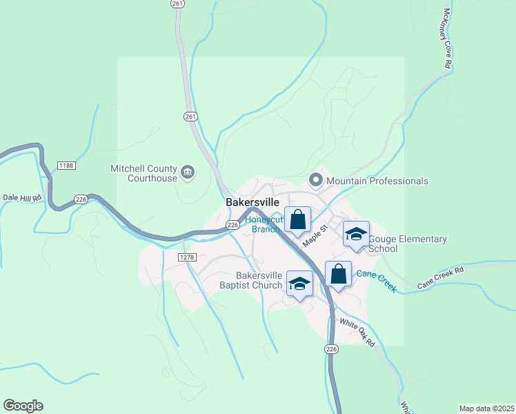 map of restaurants, bars, coffee shops, grocery stores, and more near 11 North Mitchell Avenue in Bakersville