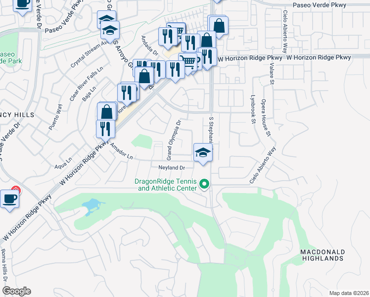 map of restaurants, bars, coffee shops, grocery stores, and more near 1412 Foothills Mills Street in Henderson
