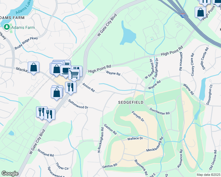 map of restaurants, bars, coffee shops, grocery stores, and more near 5602 Anson Road in Greensboro
