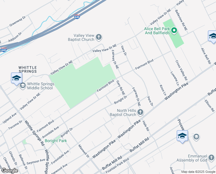 map of restaurants, bars, coffee shops, grocery stores, and more near 3400 Fairmont Boulevard in Knoxville
