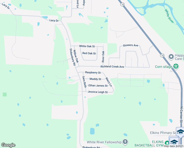 map of restaurants, bars, coffee shops, grocery stores, and more near 1024 Maddy Street in Elkins