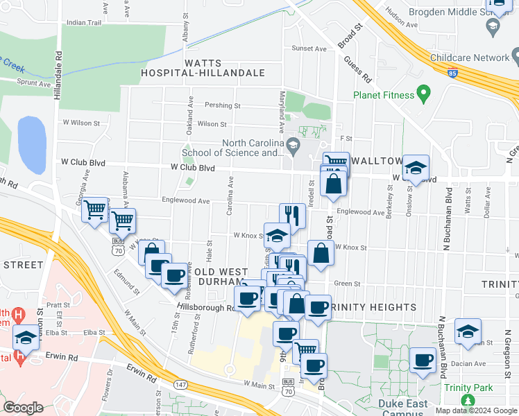 map of restaurants, bars, coffee shops, grocery stores, and more near 2021 Englewood Avenue in Durham