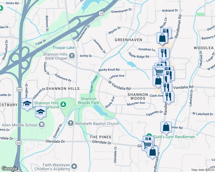 map of restaurants, bars, coffee shops, grocery stores, and more near 610 Clark Avenue in Greensboro